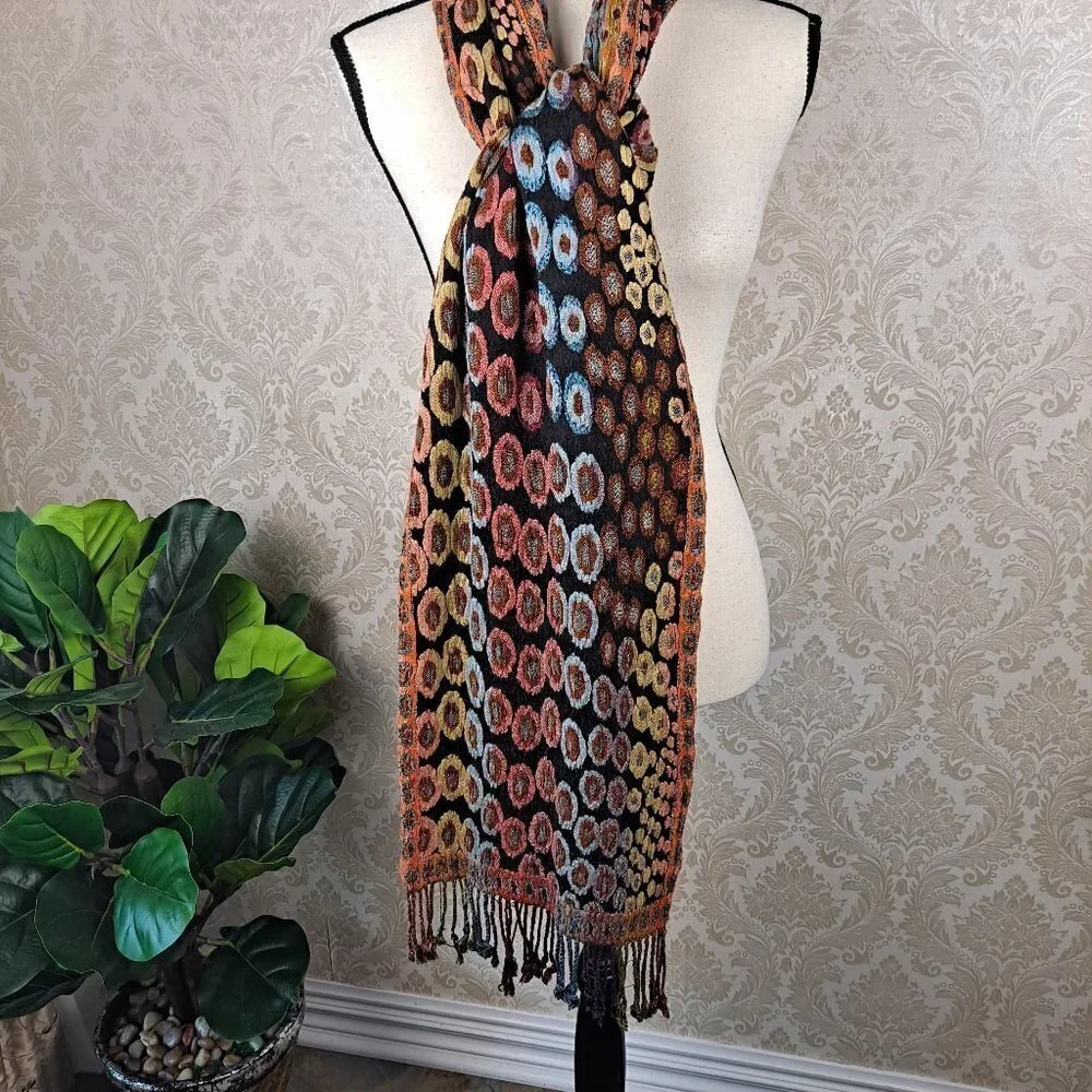 Silk Blend Oblong Scarf Fall Colors Fringed Ends Made in Nepal